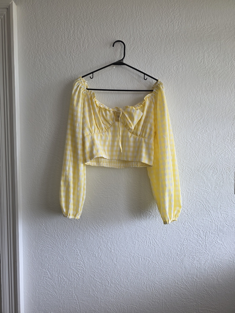 Yellow Gingham Off-Shoulder Long Sleeve Crop Top with Tie Front